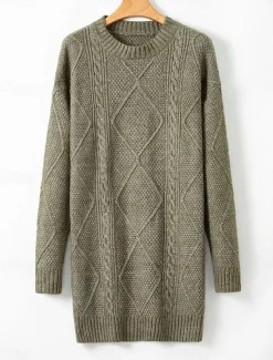 Women's Sweater Dress Casual Soft Pure Color Cable Crew Neck Knitted Long Sleeve Long Tops Knit Outdoor Daily Weekend Black Green Fall Winter