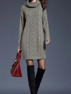 Women's Sweater Dress Casual Soft Pure Color Cable Turtleneck Knitted Long Sleeve Long Tops Knit Outdoor Daily Weekend White Wine Fall Winter