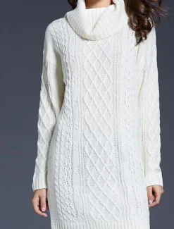 Women's Sweater Dress Casual Soft Pure Color Cable Turtleneck Knitted Long Sleeve Long Tops Knit Outdoor Daily Weekend White Wine Fall Winter