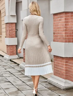 Women's Sweater Dress Elegant Fashion Daily Solid Color Striped V Neck Pleated Knitted Long Sleeve Long Tops Knit Formal Work White / Black Khaki Fall Winter