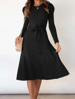 Women's Sweater Dress Fashion Elegant Dress Solid Color Ribbed Crew Neck Knitted Long Sleeve Regular Tops Knit Work Daily Black Green Fall Winter