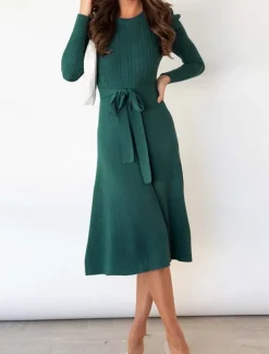 Women's Sweater Dress Fashion Elegant Dress Solid Color Ribbed Crew Neck Knitted Long Sleeve Regular Tops Knit Work Daily Black Green Fall Winter