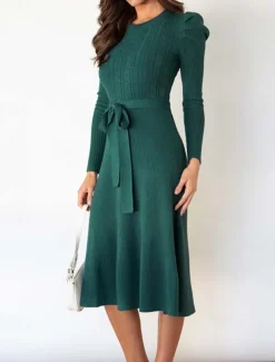 Women's Sweater Dress Fashion Elegant Dress Solid Color Ribbed Crew Neck Knitted Long Sleeve Regular Tops Knit Work Daily Black Green Fall Winter