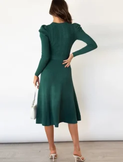 Women's Sweater Dress Fashion Elegant Dress Solid Color Ribbed Crew Neck Knitted Long Sleeve Regular Tops Knit Work Daily Black Green Fall Winter