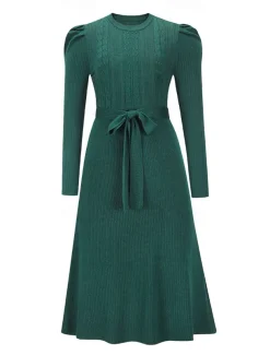 Women's Sweater Dress Fashion Elegant Dress Solid Color Ribbed Crew Neck Knitted Long Sleeve Regular Tops Knit Work Daily Black Green Fall Winter