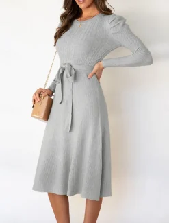 Women's Sweater Dress Knit Dress Jumper Dress Midi Dress Knitwear Fashion Daily Pure Color Outdoor Daily Vacation Going out Crew Neck Long Sleeve Tie Front Ruched 2023 Regular Fit Black Red Green S M