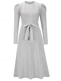 Women's Sweater Dress Knit Dress Jumper Dress Midi Dress Knitwear Fashion Daily Pure Color Outdoor Daily Vacation Going out Crew Neck Long Sleeve Tie Front Ruched 2023 Regular Fit Black Red Green S M