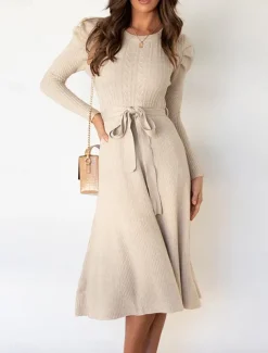 Women's Sweater Dress Knit Dress Jumper Dress Midi Dress Knitwear Fashion Daily Pure Color Outdoor Daily Vacation Going out Crew Neck Long Sleeve Tie Front Ruched 2023 Regular Fit Black Red Green S M