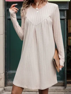 Women's Sweater Dress Mini Dress Ribbed Warm Casual Crew Neck Long Sleeve Khaki Color