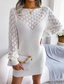 Women's Sweater Dress Stylish Casual Soft Solid Color Ribbed Crew Neck Patchwork Long Sleeve Long Tops Knit Daily Going out Weekend White Pink Fall Winter