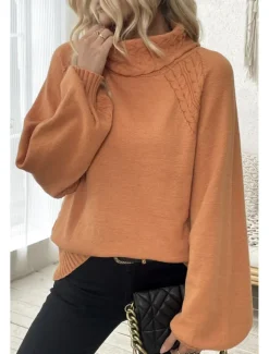 Women's Sweater Elegant Casual Soft Pure Color Ribbed Turtleneck Knitted Long Sleeve Regular Tops Knit Outdoor Daily Weekend Orange Fall Winter