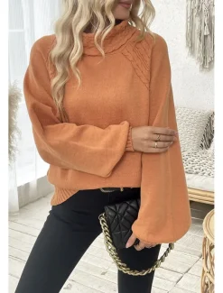 Women's Sweater Elegant Casual Soft Pure Color Ribbed Turtleneck Knitted Long Sleeve Regular Tops Knit Outdoor Daily Weekend Orange Fall Winter