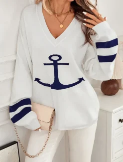 Women's Sweater Elegant Fashion Streetwear Graphic V Neck Knitted Long Sleeve Long Tops Knit Daily Weekend White Fall Winter