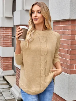 Women's Sweater Elegant Fashion Streetwear Solid Color Cable Crew Neck Knitted Long Sleeve Long Tops Knit Formal Party Pink Khaki Fall Winter
