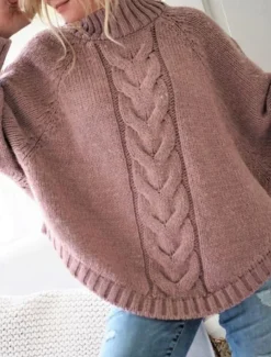 Women's Sweater Elegant Fashion Streetwear Solid Color Cable Crew Neck Knitted Long Sleeve Long Tops Knit Formal Party Pink Khaki Fall Winter