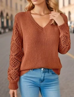 Women's Sweater Elegant Solid Color Crochet V Neck Knitted Long Sleeve Regular Tops Knit Daily Blue Fuchsia Spring Fall