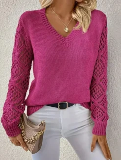Women's Sweater Elegant Solid Color Crochet V Neck Knitted Long Sleeve Regular Tops Knit Daily Blue Fuchsia Spring Fall