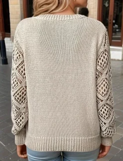 Women's Sweater Elegant Solid Color Crochet V Neck Knitted Long Sleeve Regular Tops Knit Daily Blue Fuchsia Spring Fall