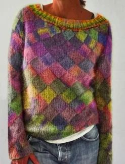 Women's Sweater Fashion Streetwear Casual Geometric Crew Neck Knitted Long Sleeve Regular Tops Knit Outdoor Red Purple Fall Winter