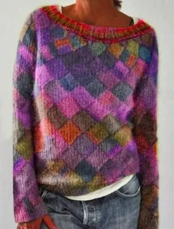Women's Sweater Fashion Streetwear Casual Geometric Crew Neck Knitted Long Sleeve Regular Tops Knit Outdoor Red Purple Fall Winter