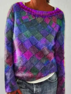 Women's Sweater Fashion Streetwear Casual Geometric Crew Neck Knitted Long Sleeve Regular Tops Knit Outdoor Red Purple Fall Winter