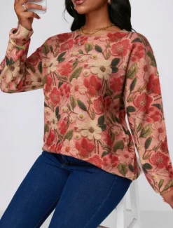 Women's Sweater Fashion Streetwear Casual Floral Graphic Crew Neck Digital print Long Sleeve Regular Tops Knit Outdoor Red Fall Winter