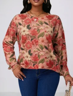 Women's Sweater Fashion Streetwear Casual Floral Graphic Crew Neck Digital print Long Sleeve Regular Tops Knit Outdoor Red Fall Winter