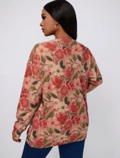 Women's Sweater Fashion Streetwear Casual Floral Graphic Crew Neck Digital print Long Sleeve Regular Tops Knit Outdoor Red Fall Winter
