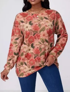 Women's Sweater Fashion Streetwear Casual Floral Graphic Crew Neck Digital print Long Sleeve Regular Tops Knit Outdoor Red Fall Winter