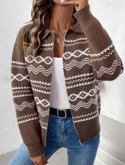 Women's Sweater Jacket Vintage Streetwear Casual Geometric Open Front Knitted Long Sleeve Regular Tops Knit Outdoor Weekend Brown Fall Winter