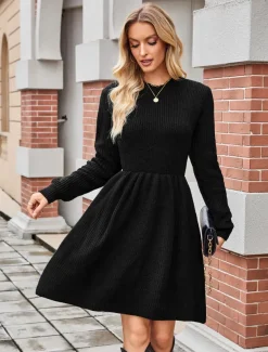 Women's Sweater Mini Dress Crew Neck Knit Knitted Fall Winter Party Elegant Fashion Daily Long Sleeve Solid Color Black Khaki