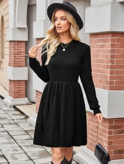 Women's Sweater Mini Dress Crew Neck Knit Knitted Fall Winter Party Elegant Fashion Daily Long Sleeve Solid Color Black Khaki