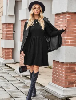 Women's Sweater Mini Dress Crew Neck Knit Knitted Fall Winter Party Elegant Fashion Daily Long Sleeve Solid Color Black Khaki