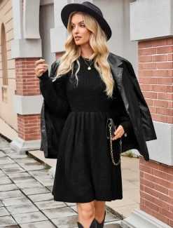 Women's Sweater Mini Dress Crew Neck Knit Knitted Fall Winter Party Elegant Fashion Daily Long Sleeve Solid Color Black Khaki