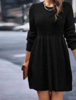 Women's Sweater Mini Dress Crew Neck Knit Knitted Fall Winter Party Elegant Fashion Daily Long Sleeve Solid Color Black Khaki