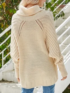 Women's Sweater Pullover Sweater Jumper Casual Soft Pure Color Cable Turtleneck Knitted Long Sleeve Regular Tops Knit Outdoor Daily Weekend Navy Blue Beige Fall Winter