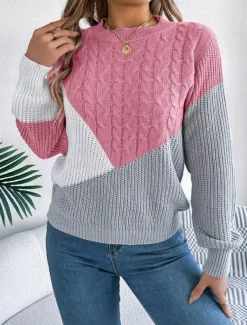 Women's Sweater Pullover Sweater Jumper Casual Soft Color Block Ribbed Crew Neck Patchwork Knitted Long Sleeve Regular Tops Knit Outdoor Daily Weekend Black Pink Fall Winter