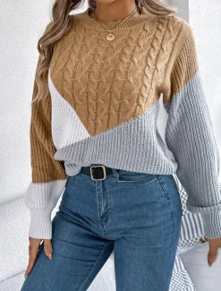 Women's Sweater Pullover Sweater Jumper Casual Soft Color Block Ribbed Crew Neck Patchwork Knitted Long Sleeve Regular Tops Knit Outdoor Daily Weekend Black Pink Fall Winter