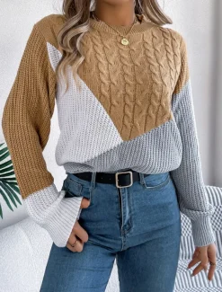 Women's Sweater Pullover Sweater Jumper Casual Soft Color Block Ribbed Crew Neck Patchwork Knitted Long Sleeve Regular Tops Knit Outdoor Daily Weekend Black Pink Fall Winter