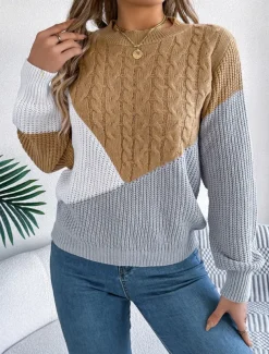 Women's Sweater Pullover Sweater Jumper Casual Soft Color Block Ribbed Crew Neck Patchwork Knitted Long Sleeve Regular Tops Knit Outdoor Daily Weekend Black Pink Fall Winter