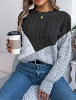 Women's Sweater Pullover Sweater Jumper Casual Soft Color Block Ribbed Crew Neck Patchwork Knitted Long Sleeve Regular Tops Knit Outdoor Daily Weekend Black Pink Fall Winter