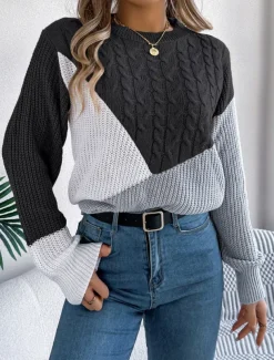 Women's Sweater Pullover Sweater Jumper Casual Soft Color Block Ribbed Crew Neck Patchwork Knitted Long Sleeve Regular Tops Knit Outdoor Daily Weekend Black Pink Fall Winter