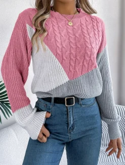 Women's Sweater Pullover Sweater Jumper Casual Soft Color Block Ribbed Crew Neck Patchwork Knitted Long Sleeve Regular Tops Knit Outdoor Daily Weekend Black Pink Fall Winter