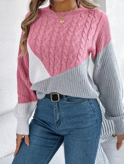 Women's Sweater Pullover Sweater Jumper Casual Soft Color Block Ribbed Crew Neck Patchwork Knitted Long Sleeve Regular Tops Knit Outdoor Daily Weekend Black Pink Fall Winter