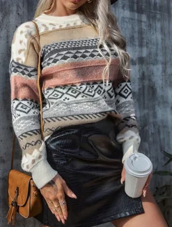 Women's Sweater Pullover Sweater Jumper Vintage Casual Soft Geometric Ribbed Crew Neck Knitted Long Sleeve Regular Tops Knit Outdoor Daily Weekend Pink Red Fall Winter