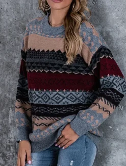 Women's Sweater Pullover Sweater Jumper Vintage Casual Soft Geometric Ribbed Crew Neck Knitted Long Sleeve Regular Tops Knit Outdoor Daily Weekend Pink Red Fall Winter