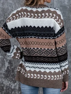 Women's Sweater Pullover Sweater Jumper Vintage Casual Soft Geometric Ribbed Crew Neck Knitted Long Sleeve Regular Tops Knit Outdoor Daily Weekend Pink Red Fall Winter