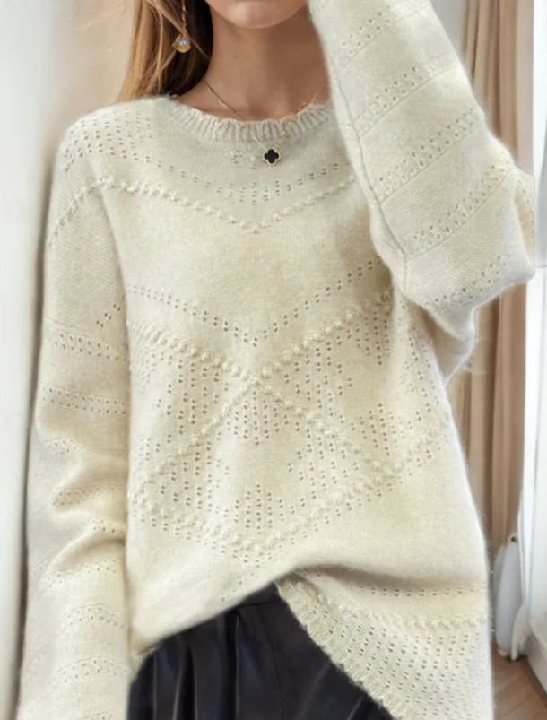 Women's Sweater Pullover Sweater Jumper Crew Neck Knit Hollow Out Crewneck Knitted Drop Shoulder Spring Fall Home Daily Holiday Daily Stylish Soft Long Sleeve Pure Color White Pink