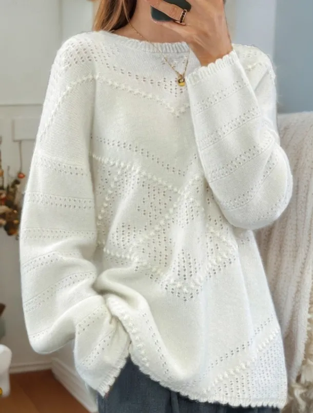 Women's Sweater Pullover Sweater Jumper Crew Neck Knit Hollow Out Crewneck Knitted Drop Shoulder Spring Fall Home Daily Holiday Daily Stylish Soft Long Sleeve Pure Color White Pink
