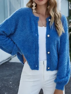 Women's Sweater Pullover Sweater Fuzzy Jumper Crew Neck Ribbed Knit Button Knitted Fall Winter Outdoor Daily Weekend Casual Soft Long Sleeve Pure Color Blue